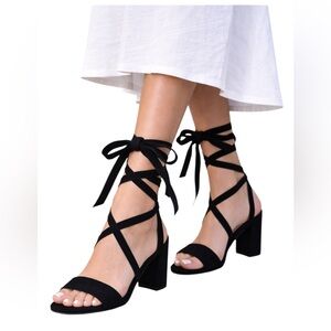 New-Elegant Black Heels Lace up Ribbon Tie Strappy Sandals Size: 7